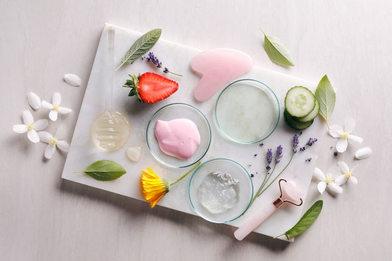Cosmetic ingredients  with flowers,cucumber, strawberry and rose quartz gua sha