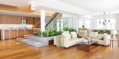 Modern open-concept living room with kitchen and greenery.