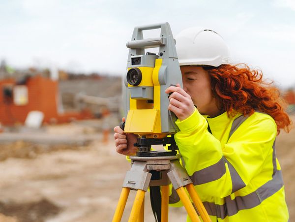 Female surveyor in safety gear using a theodolite on a construction site.