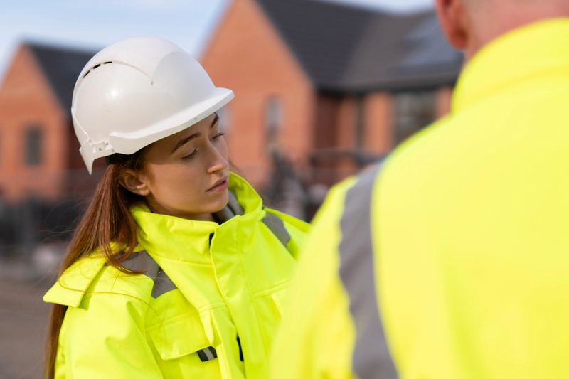 Portrait of Female Construction manager builder in bright safety yellow jacket overseeing building activities and using rugged tablet on a construction site