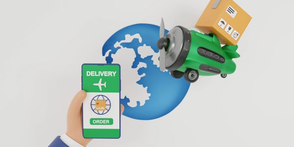3D illustration of a hand holding a delivery app with a plane and package over a globe.