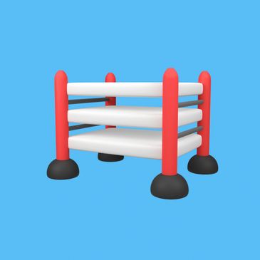 3D model of a wrestling ring with red posts and white ropes.