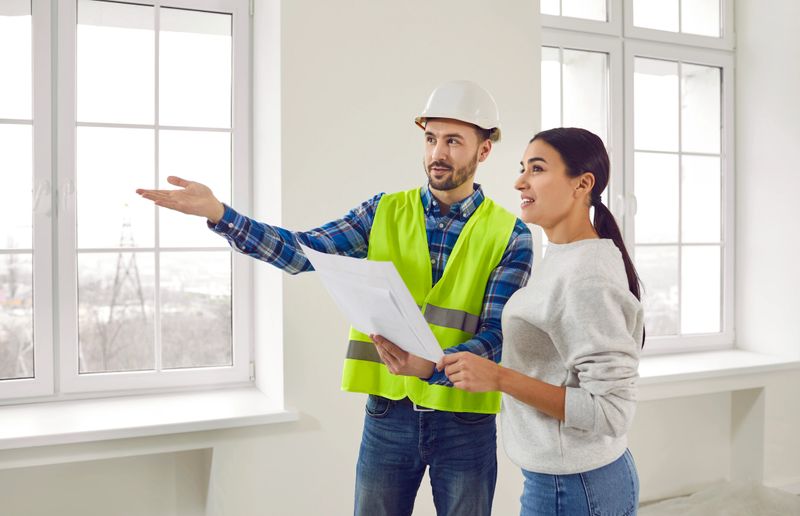 Foreman showing house design plan to apartment owner. Working man in hardhat discussing blueprint of renovation of house and interior decoration with young woman indoors. Worker showing house design