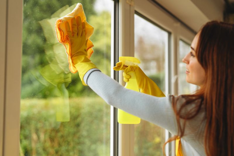 A woman in a cozy indoor setting uses a spray bottle and yellow cloth to clean large windows, showcasing a bright, sunny day outside filled with greenery.
