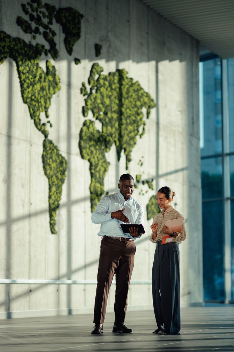 Two managers are discussing global business strategy using a digital tablet in a modern office with a living wall map
