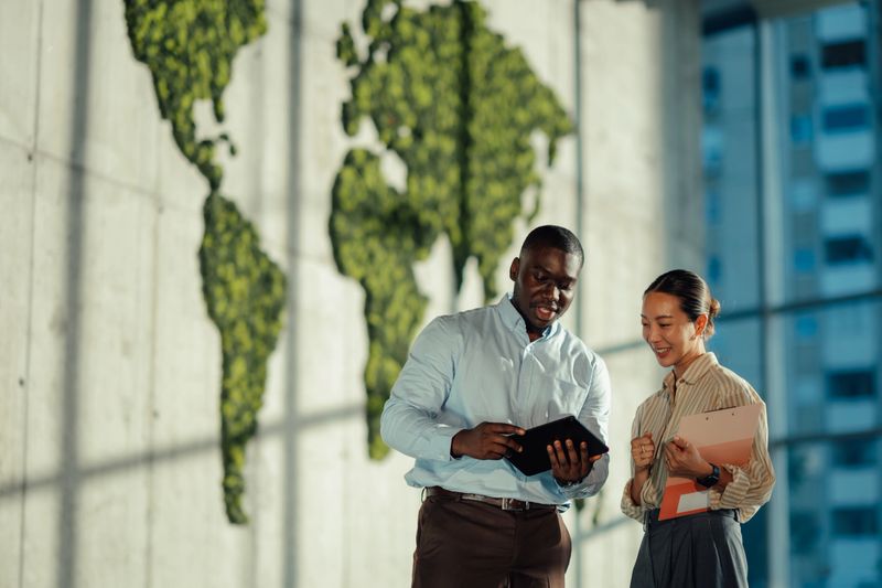 Two managers are discussing sustainable business strategies using digital tablet and clipboard, with a green world map in the background symbolizing global environmental awareness