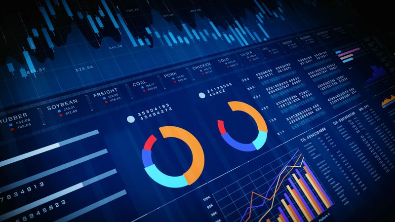 Modern digital finance dashboard with pie charts, stock bars, and commodity prices for investment strategy and economic performance. Financial investment concept background 3d Rendering