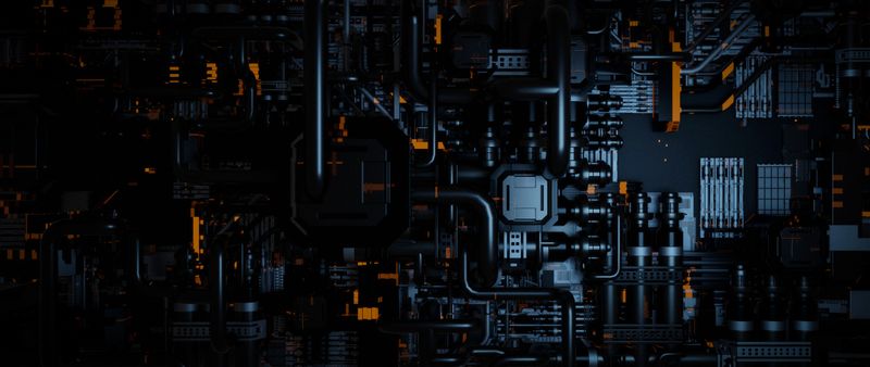 Complex network of dark pipes and glowing circuits.  Abstract technological background. 3D render.