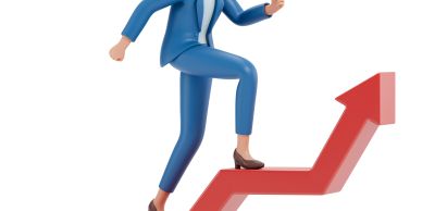Businesswoman climbing an upward arrow graph.