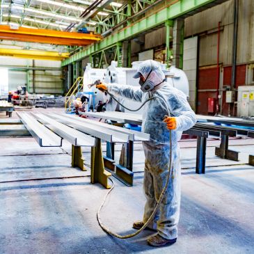 Worker spray painting metal beams in a factory.