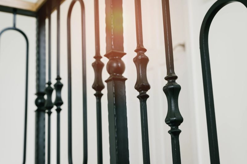 This image captures the beauty of elegant black iron railings featuring intricate designs. Soft sunlight enhances the vintage architectural details, highlighting craftsmanship.