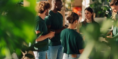 A group of young people chatting outdoors in green shirts.