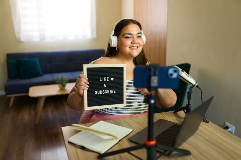 Cheerful plus size content creator inviting her followers to like and subscribe while streaming a video from home