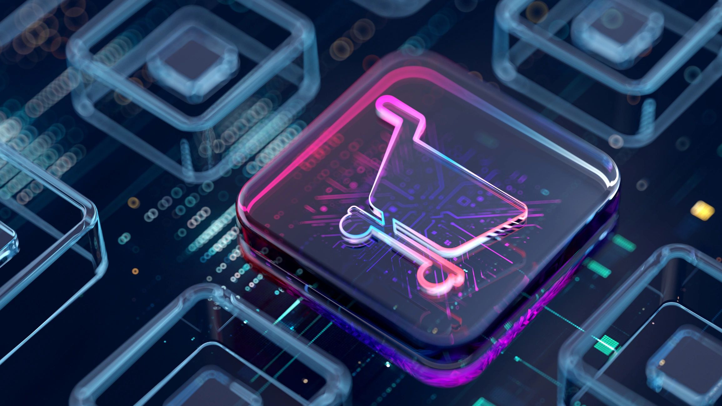 Neon shopping cart icon on digital circuit background.