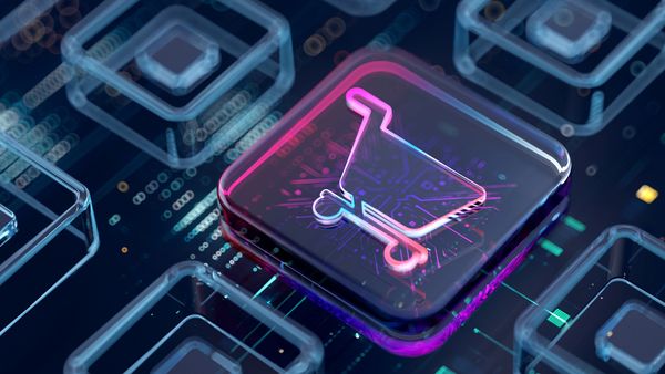 Glowing neon shopping cart icon on a digital interface.