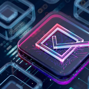 Glowing neon checkmark inside a transparent cube on a digital circuit board.