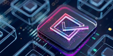 Glowing glass-like checkmark icon on a futuristic digital circuit board background.