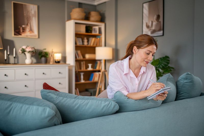 Mid adult woman lying comfortably on the sofa, writing in her notebook, savoring her leisure time at home. Natural light fills the cozy living room, enhancing a serene atmosphere