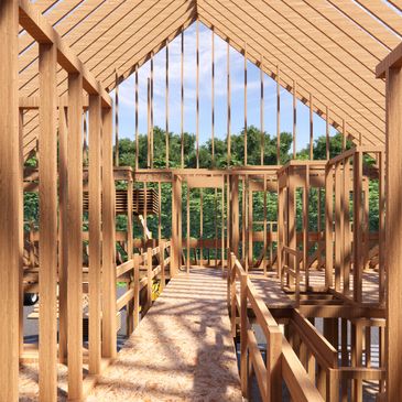 Wooden frame structure of a house under construction with clear sky.