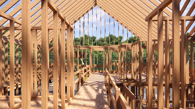 3D rendering wooden house .Construction Crew Putting Up Framing of New Home.Architectural model on home construction site.