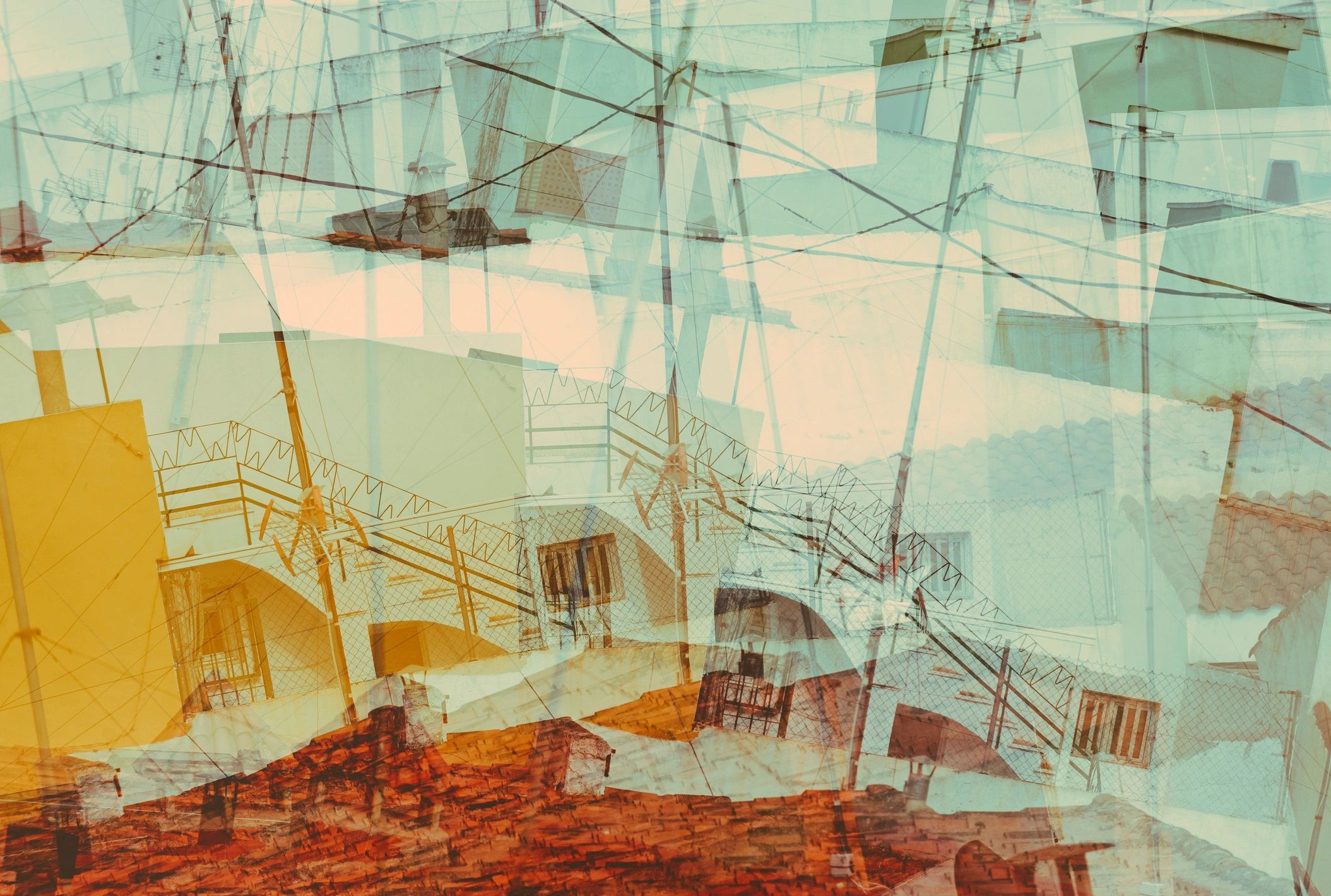 Abstract collage of rooftops and antennas in warm and cool tones.