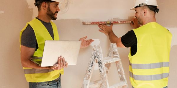 Two construction workers measuring a wall indoors.