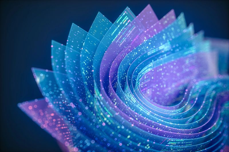 Layered transparent sheets curl into a spiral, filled with data particles and glowing lines of code.Embedded code patterns and glowing particles suggest a visual metaphor for agentic AI systems and evolving machine autonomy.