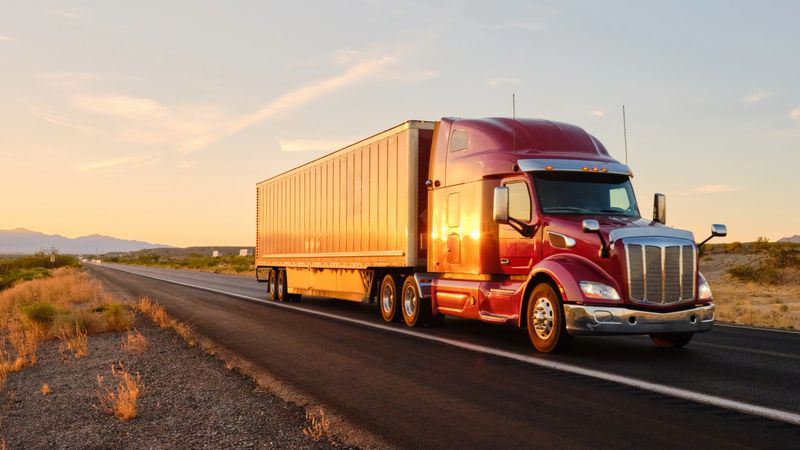 Large semi truck hauling freight on the open highway in the western USA under a morning sky.