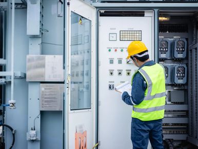Electrician inspecting control panel wearing safety gear.