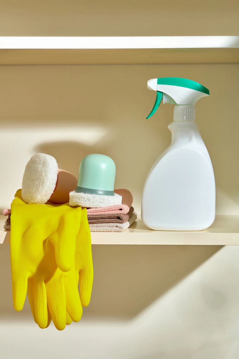 Yellow gloves, a white spray bottle, and cleaning sponges are arranged neatly on a kitchen shelf, representing a well-prepared and tidy home setup.