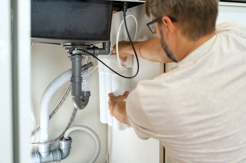 Replacement water purifier. Plumber installs water filter and changes water filter cartridges in kitchen under kitchen sink