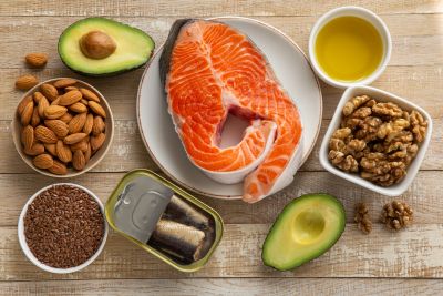 Healthy foods rich in omega-3 and fats.