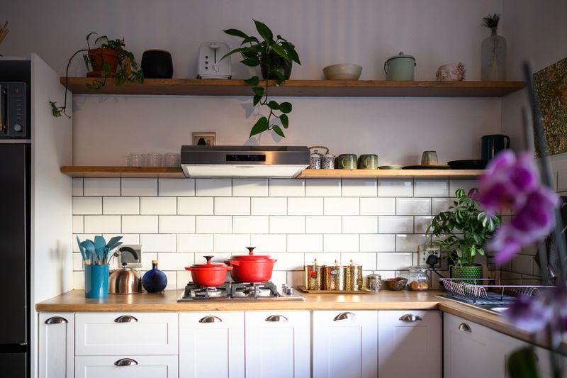 Front view of a bright modern kitchen showing white cabinetry, indoor plants, and a clean subway tile backsplash.