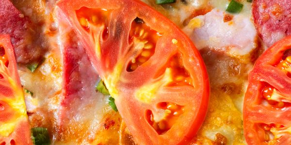 Close-up of a pizza slice with fresh tomato and melted cheese.