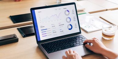 Person working on laptop with charts and graphs on screen.