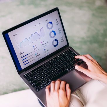 Person analyzing data charts on a laptop screen.