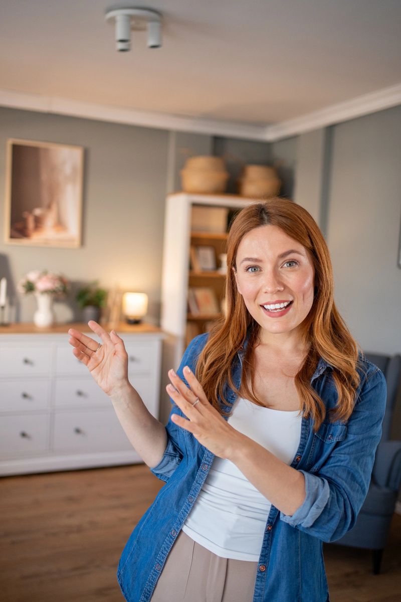 Cheerful redhead real estate agent engaging with potential buyers during a video call. Standing confidently in the inviting living room. Highlighting the apartment's modern features and cozy ambiance