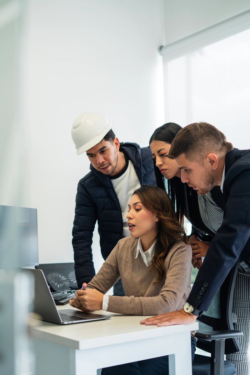 A diverse group of professionals, including a businesswoman working on a laptop, a manager giving feedback, and colleagues observing, collaborate in a bright and modern office environment. Ideal for themes of teamwork, innovation, leadership, and corporate dynamics.