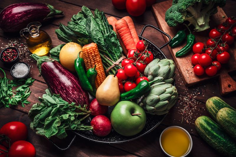 Fresh organic fruits and vegetables for a healthy cooking and dieting. Vegetarian food, vitamins and antioxidants. Food for nutrition and wellness, healthy diet and vegetable choice