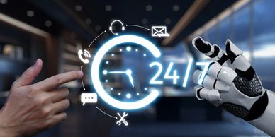Human and robot hands interacting with a glowing 24/7 service clock symbol.