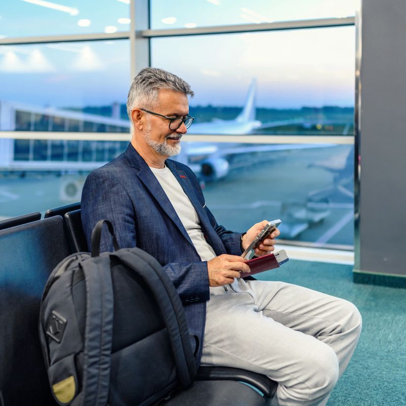 Man is waiting for his flight in the airport lounge and using a mobile phone