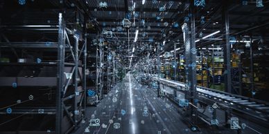 Futuristic warehouse with digital network icons overlay.