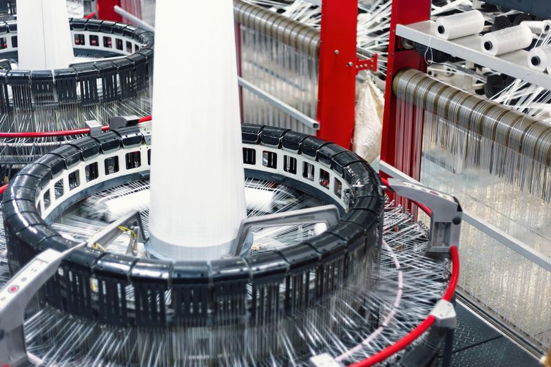 Circular loom weaving polypropylene yarns to manufacture tubular fabric for packaging in a modern polypropylene factory