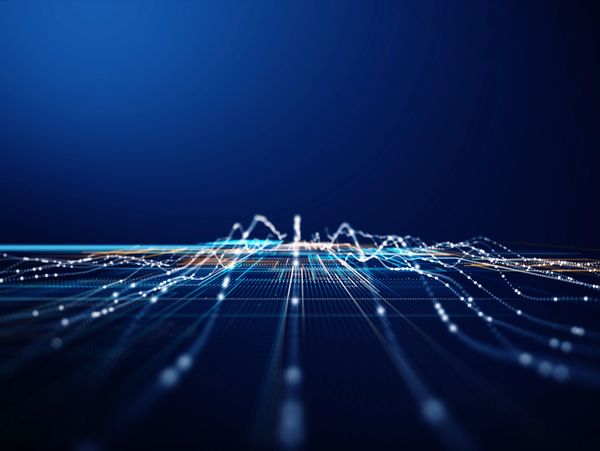 Abstract digital data waves in a futuristic blue grid landscape.