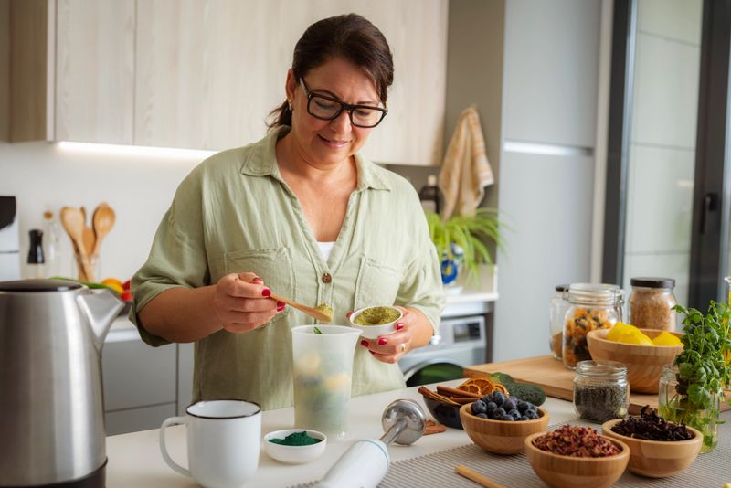 Woman adding moringa powder for a healthy fruits and vegetables detox drink preparation, green smoothie in the kitchen, superfood for dieting and weight loss program
