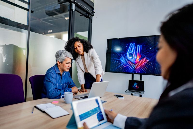 Coworkers collaborating on AI project during business meeting in office