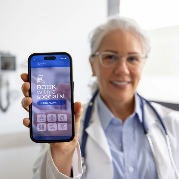 Doctor holding phone with specialist booking app on screen.