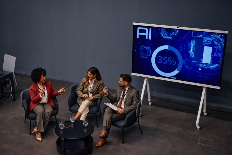 Three businesspeople are sitting in armchairs and discussing artificial intelligence during a summit, with a large screen displaying AI data in the background