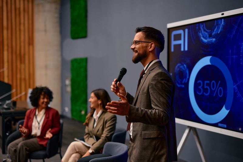 Businessman is holding a microphone and speaking about artificial intelligence during a summit, showing a 35% progress on a large screen to his colleagues