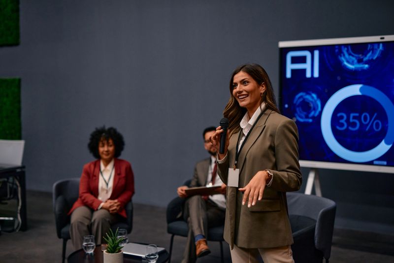 Businesswoman presenting artificial intelligence project to colleagues during a meeting in a modern conference room, using a microphone and a digital screen showing data and charts